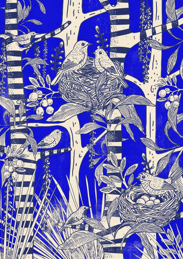 Vibrant Blue Forest Birds by Nicholas — canvas wall art