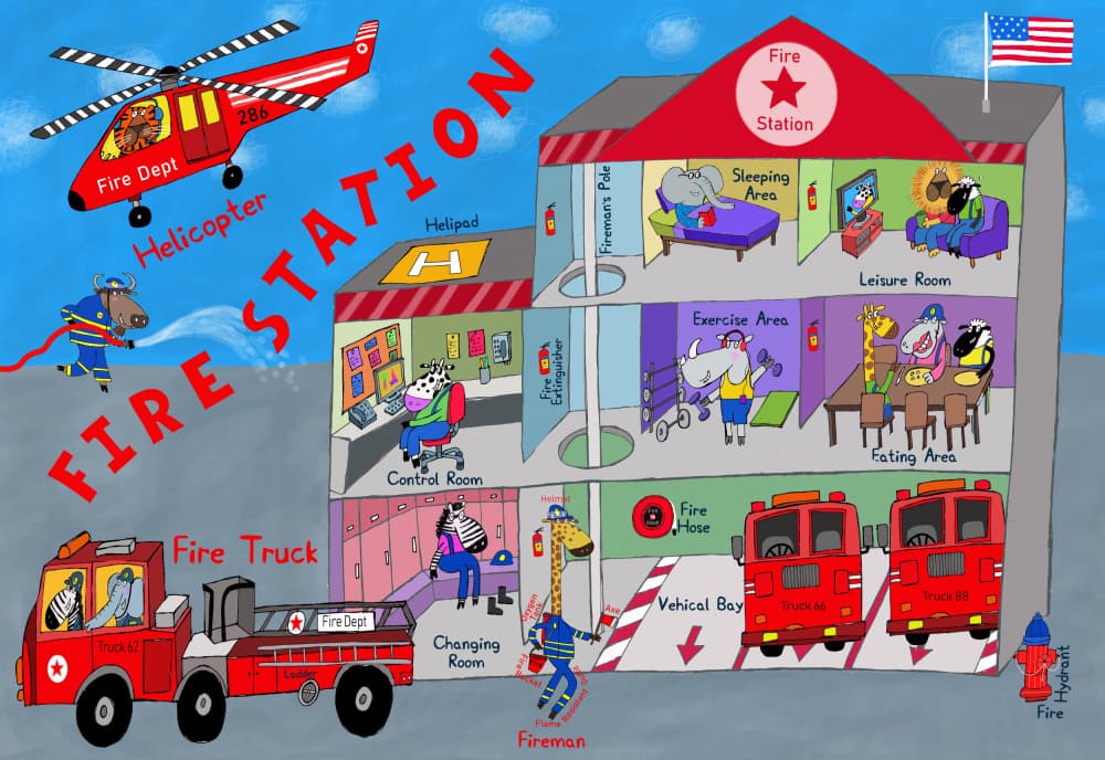 Animal Fire Station Fun by Carla Daly — canvas wall art