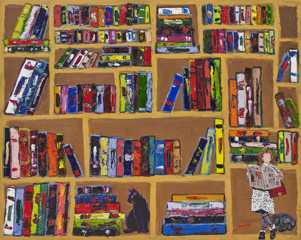 Cozy Bookshelf Reading Scene by Jukyong Park — canvas wall art