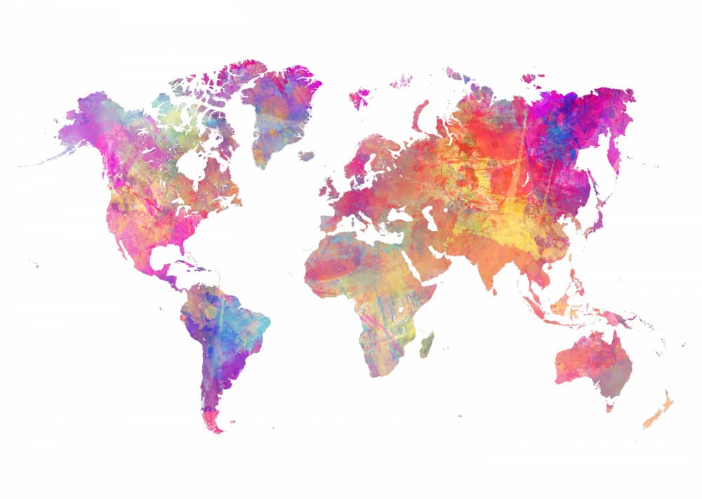 Colorful Watercolor World Map by Justyna Jaszke — canvas wall art