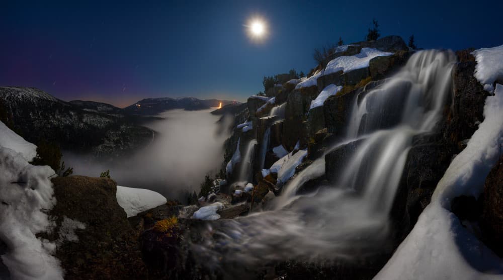 Moonlit Winter Waterfall by Lucjan Stoszko — canvas wall art