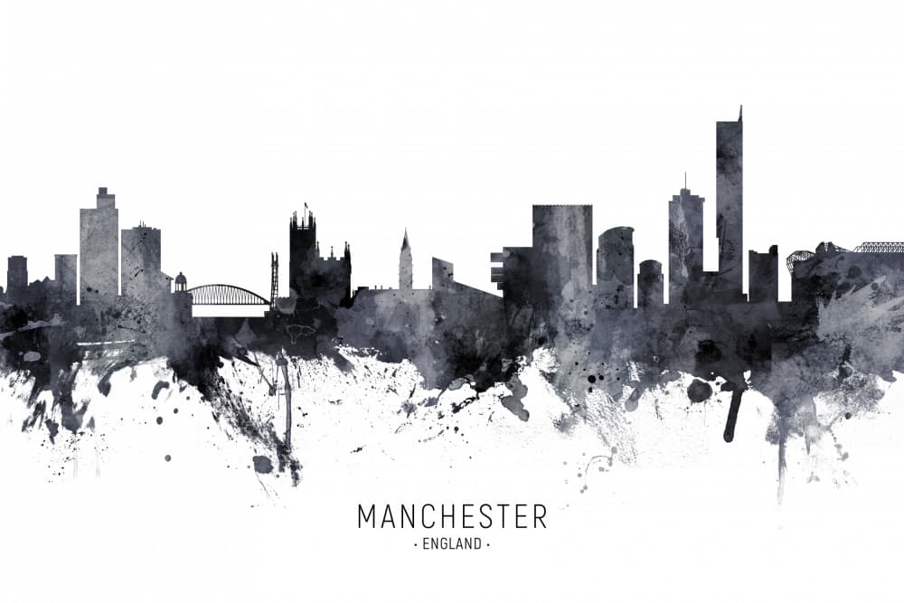 Watercolor Manchester Skyline by Michael Tompsett — canvas wall art
