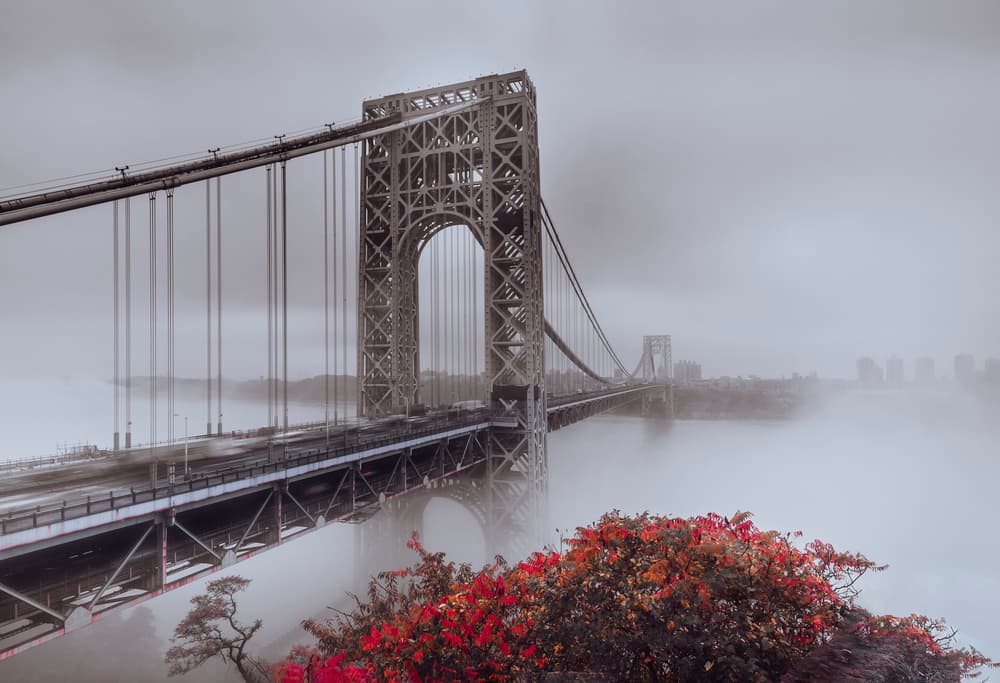 Misty Bridge Red Leaves by Wei (David) Dai — canvas wall art