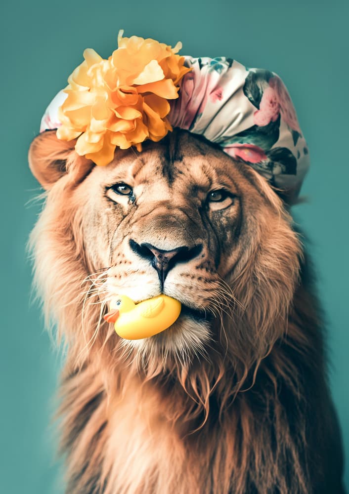 Funny Lion Bath Time by Niky Rahner — canvas wall art