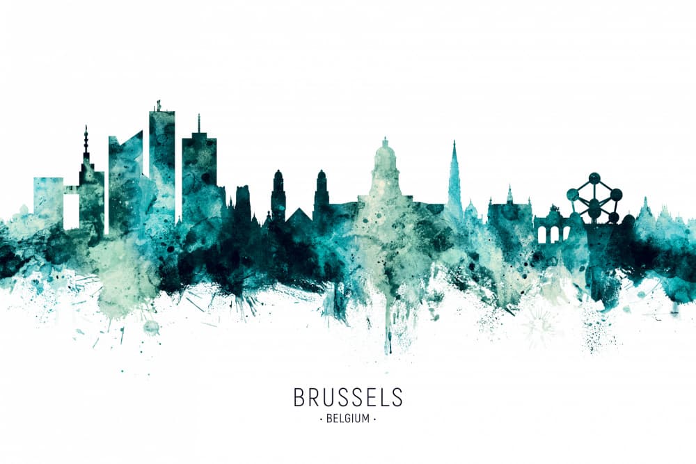 Brussels Watercolor Skyline by Michael Tompsett — canvas wall art