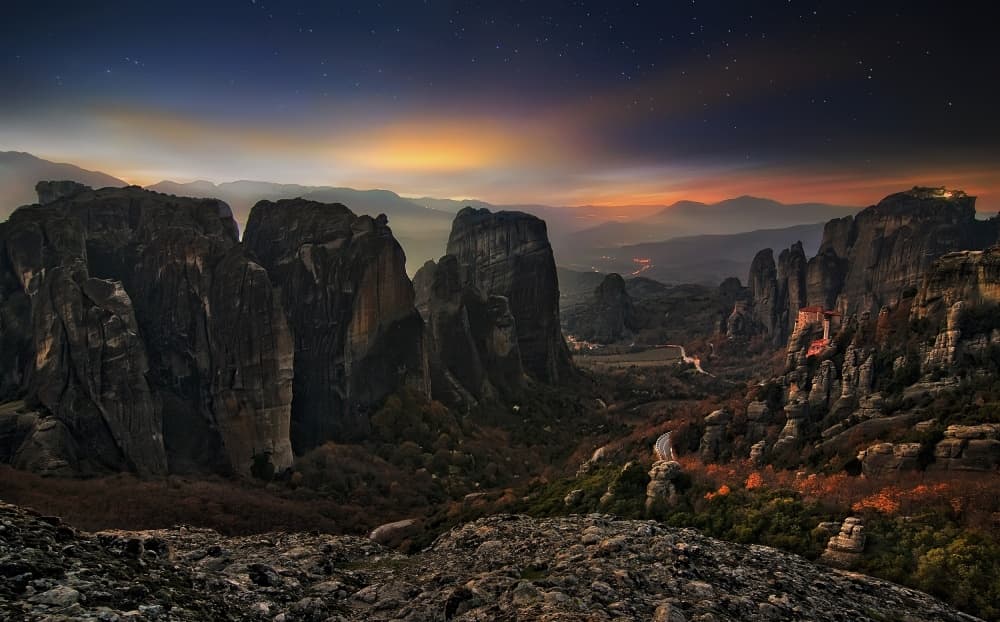 Meteora Night Monasteries by Chris Kaddas — canvas wall art