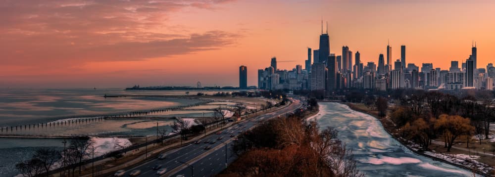 Chicago Winter Sunset by Chong Q. Wu — canvas wall art