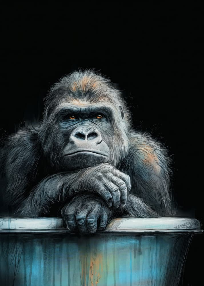 Pensive Gorilla In Blue by Justyna Jaszke — canvas wall art