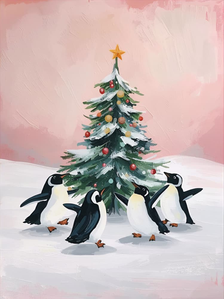 Joyful Christmas Penguins by Ohkimiko — canvas wall art