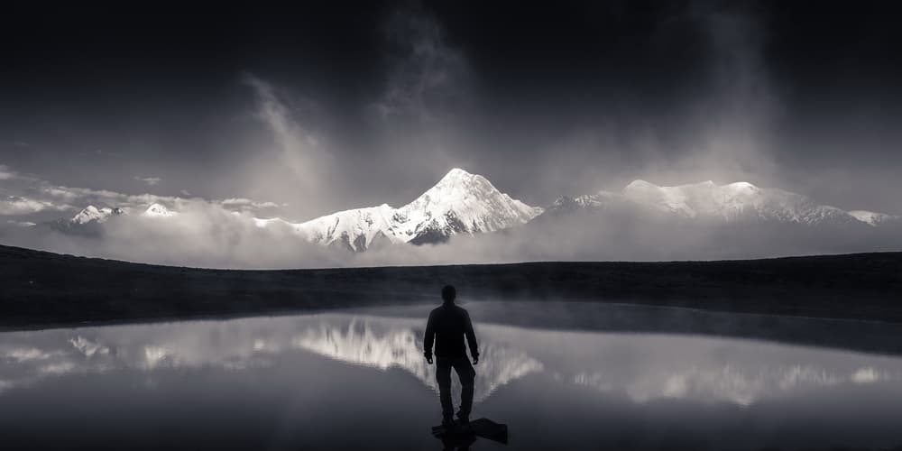 Lone Figure Mountain Reflection by qiye — canvas wall art