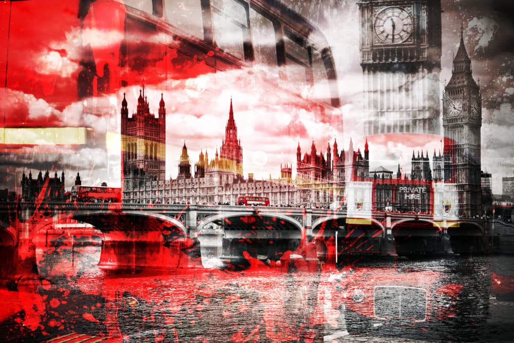 Red London Cityscape by Melanie Viola — canvas wall art