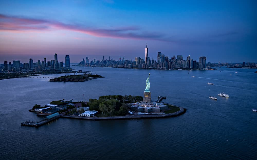 Statue of Liberty Dusk Skyline by Robert Sherman — canvas wall art