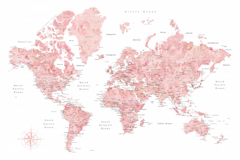 Pink Watercolor World Map by Rosana Laiz Blursbyai — canvas wall art