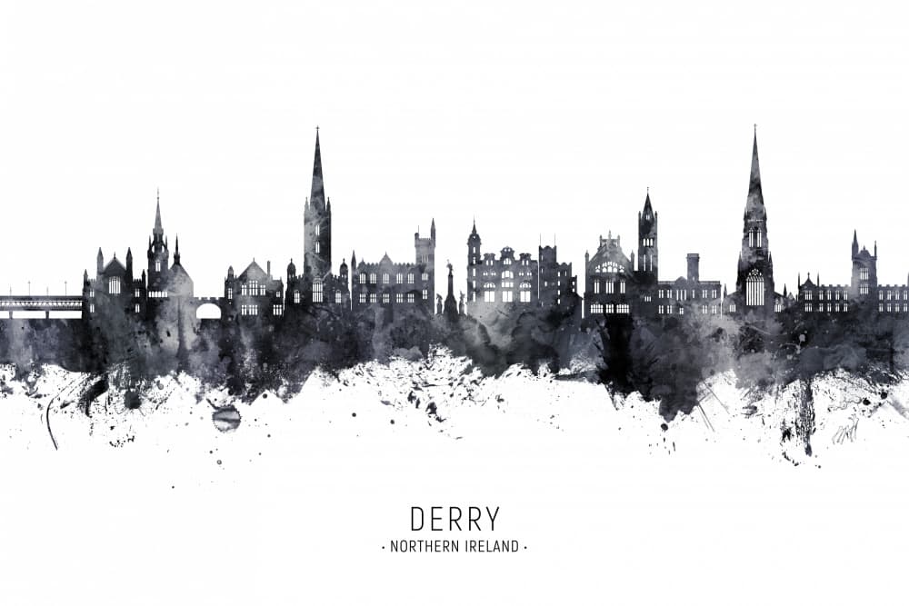 Derry Watercolor Skyline by Michael Tompsett — canvas wall art