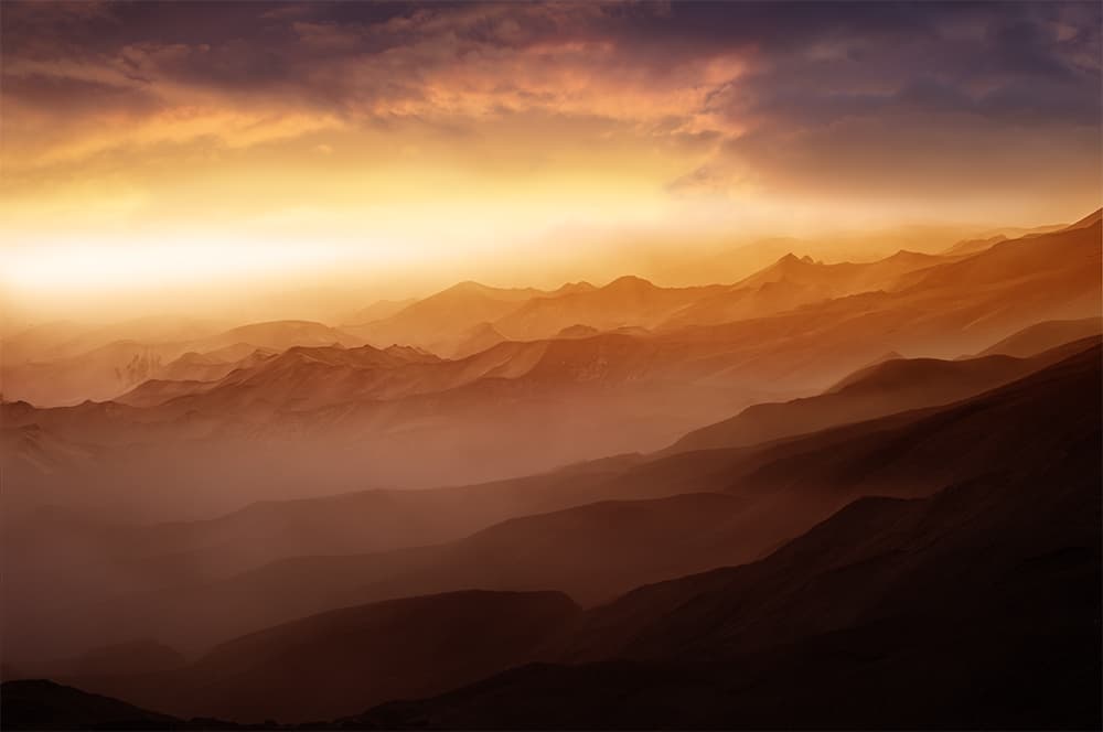 Misty Mountain Sunset by Rudi Gunawan — canvas wall art