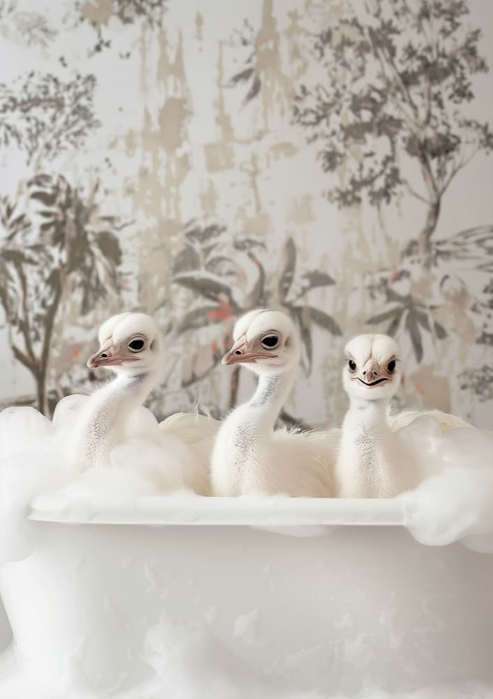 Baby Ostriches Bubble Bath by Niky Rahner — canvas wall art