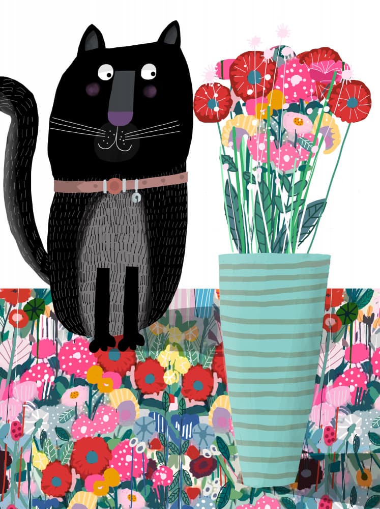 Whimsical Cat and Flowers by Carla Daly — canvas wall art
