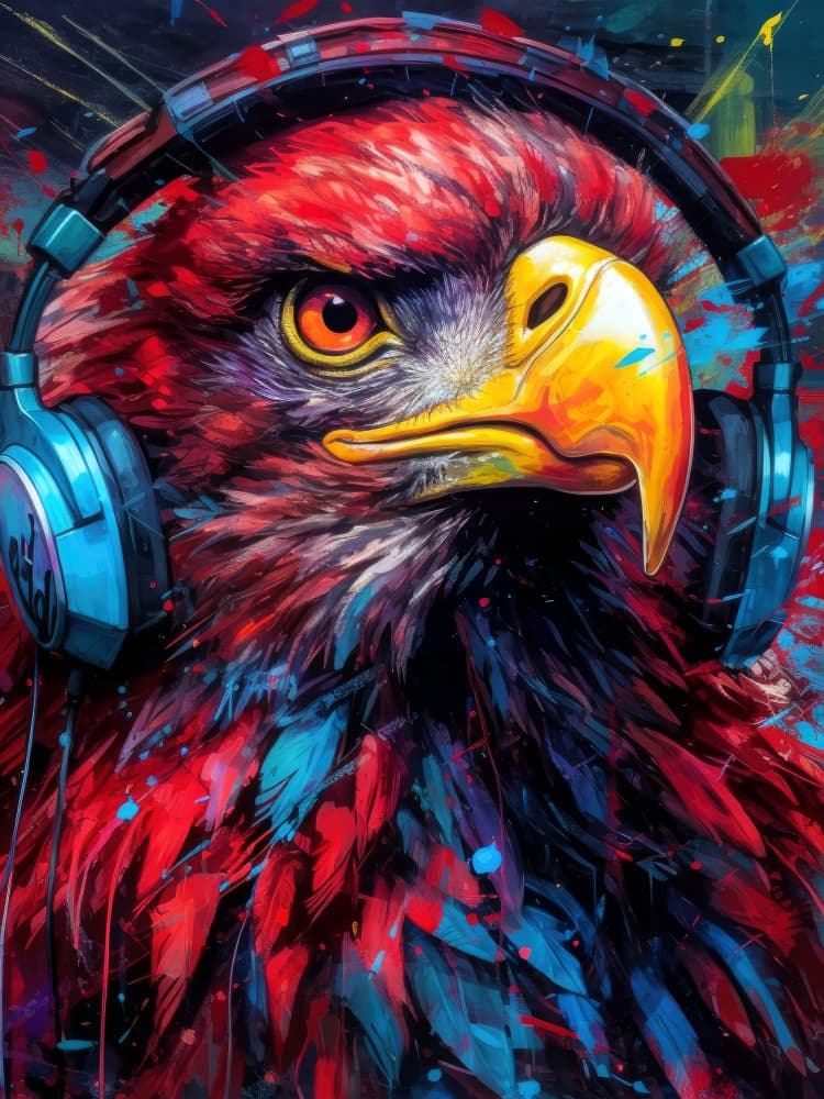 Vibrant Eagle With Headphones by Justyna Jaszke — canvas wall art