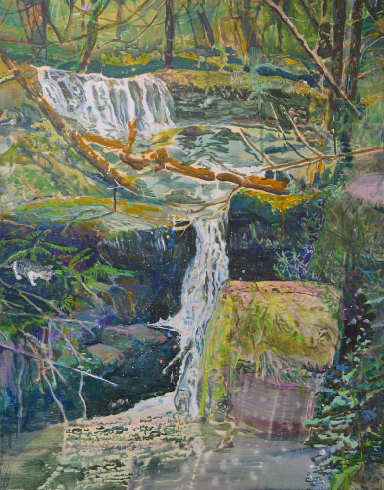 Forest Waterfall With Cat by Karin Bos — canvas wall art