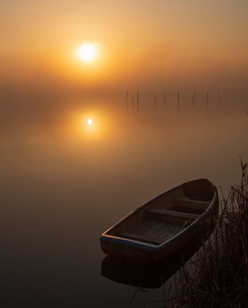Misty Golden Sunrise Boat by K_Tsunoda — canvas wall art