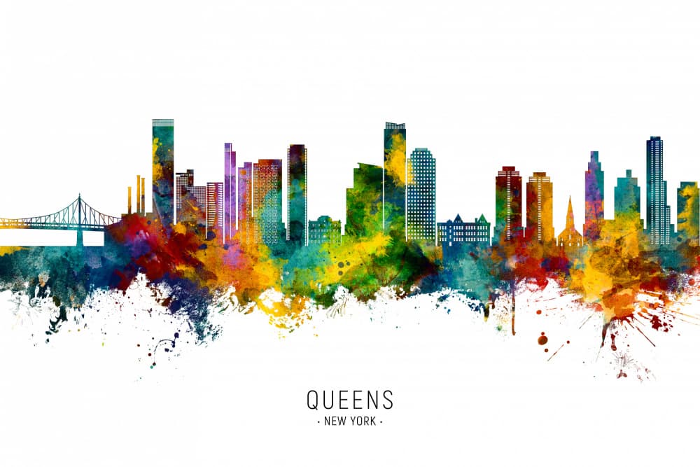 Queens Watercolor Skyline by Michael Tompsett — canvas wall art
