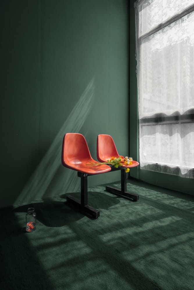 Orange Chairs Green Room by Xiaopeng Guan — canvas wall art
