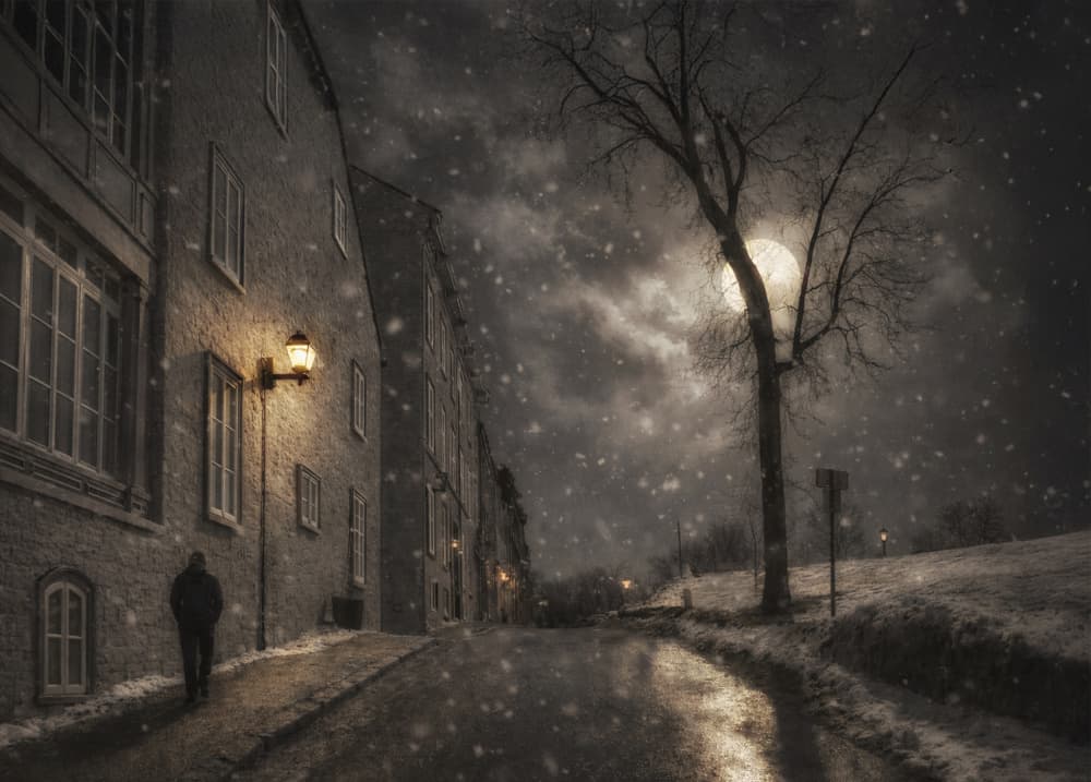 Quiet Winter Moonlit Street by Yvette Depaepe — canvas wall art