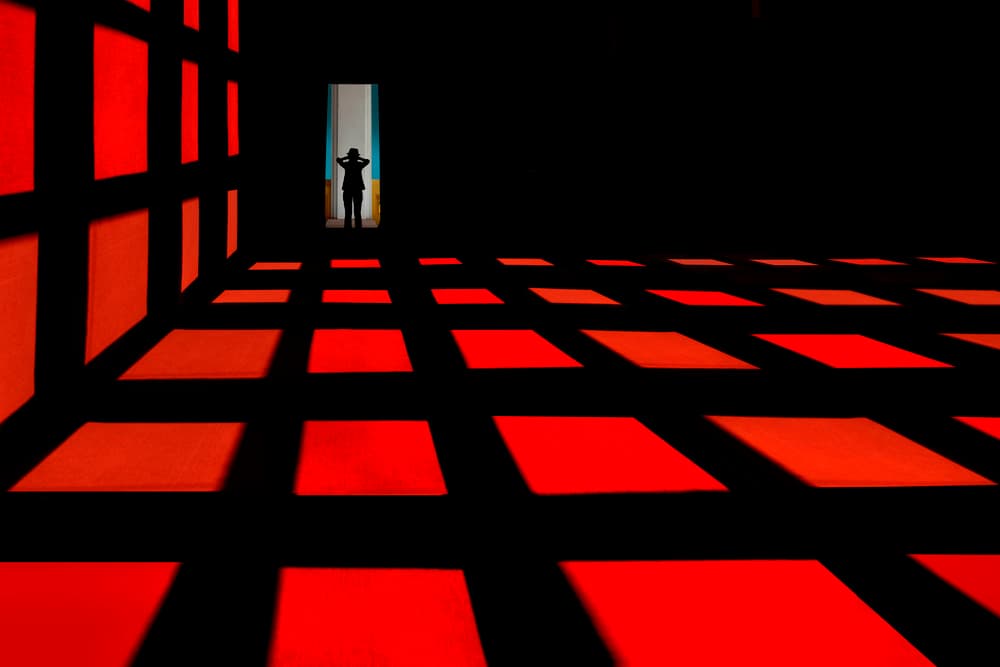 Red Grid Room Silhouette by Ekkachai Khemkum — canvas wall art