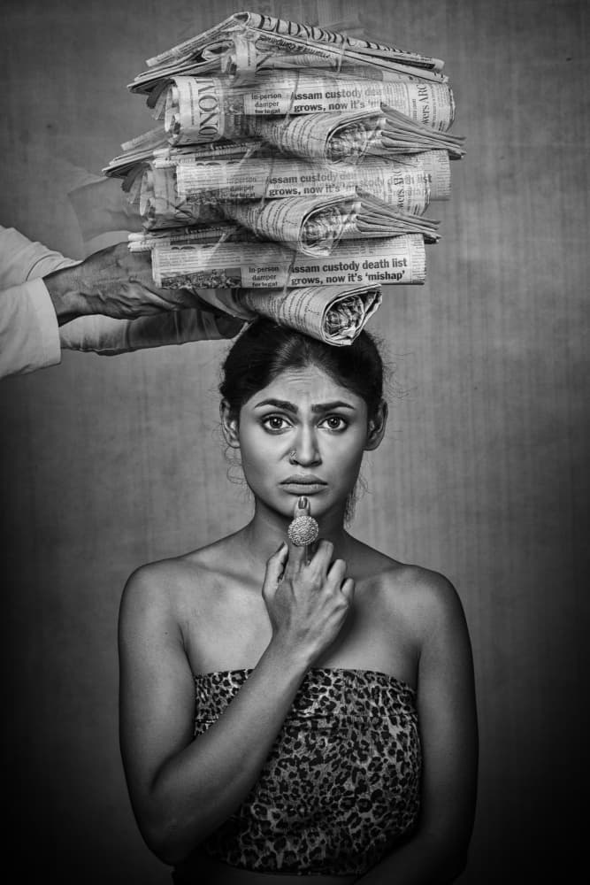 Woman Under News Burden by PARTHA BHATTACHARYYA — canvas wall art