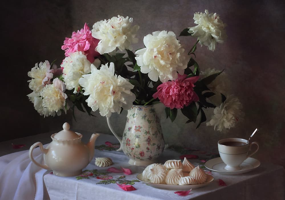 Peonies Tea Time by Tatyana Skorokhod — canvas wall art