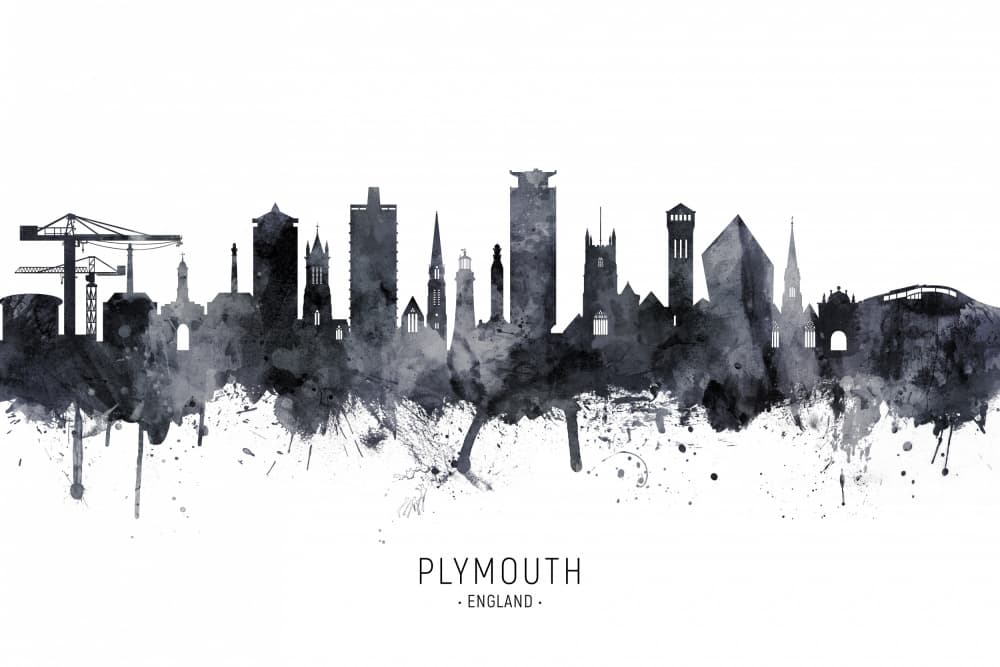 Watercolor Plymouth Skyline by Michael Tompsett — canvas wall art