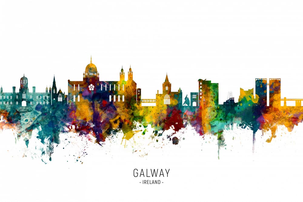 Vibrant Galway Watercolor Skyline by Michael Tompsett — canvas wall art