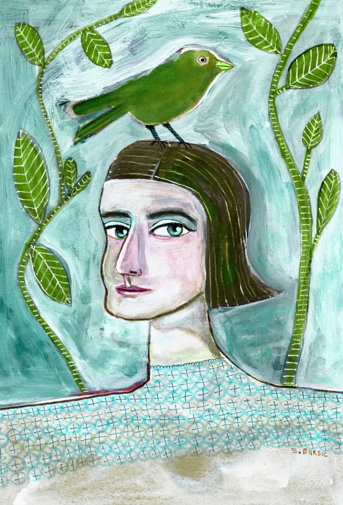 Serene Woman Green Bird