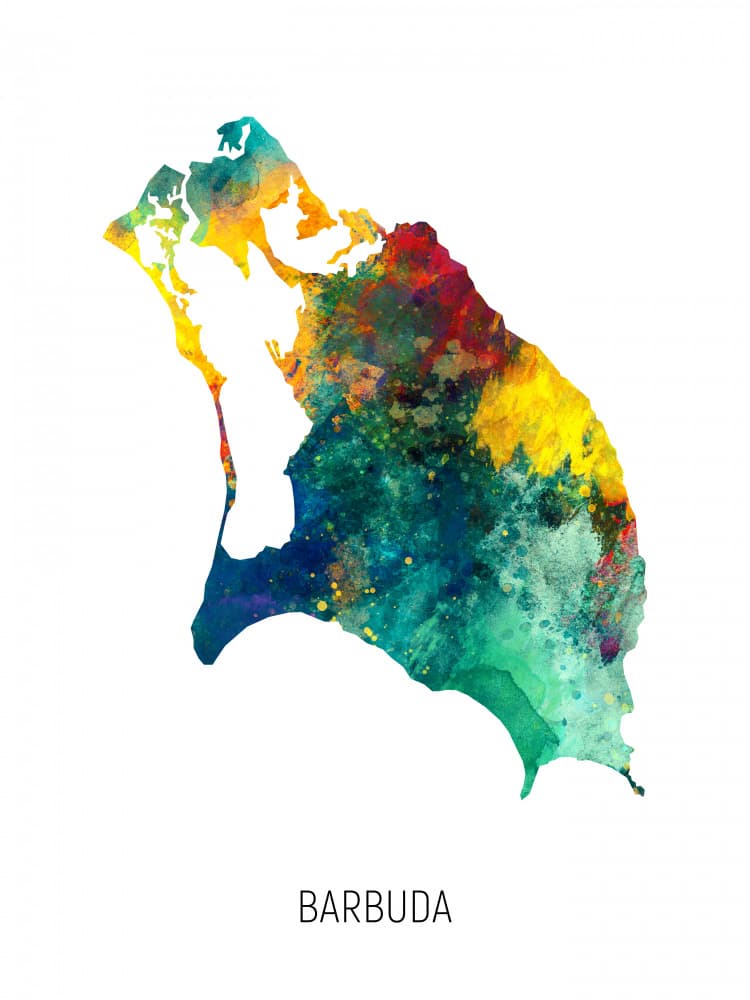 Vibrant Barbuda Island Map by Michael Tompsett — canvas wall art