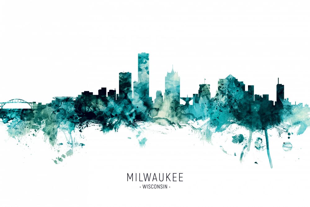 Milwaukee Watercolor Skyline by Michael Tompsett — canvas wall art