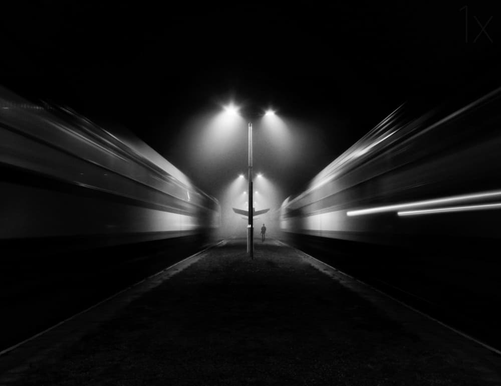 Speeding Trains Foggy Night by Wojciech Pokora — canvas wall art