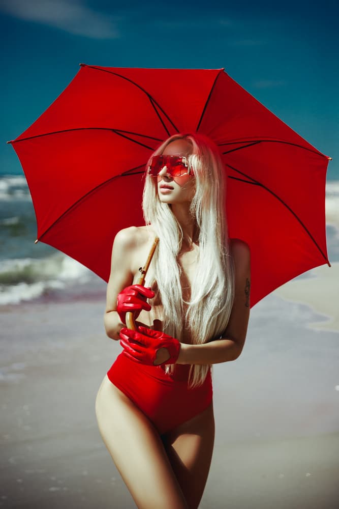 Red Umbrella Beach Glam by Ruslan Bolgov — canvas wall art