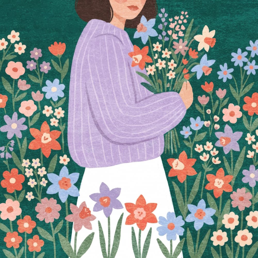 Woman Picking Spring Flowers by Emel Tunaboylu — canvas wall art
