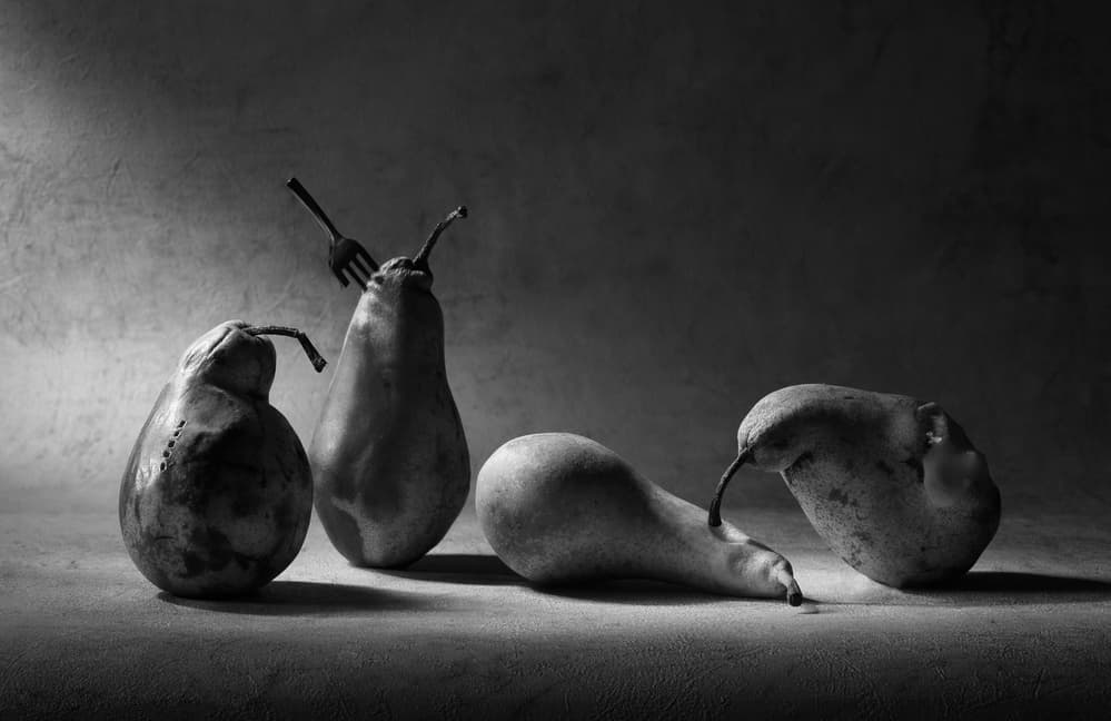 Moody Pears Still Life by Victoria Glinka — canvas wall art