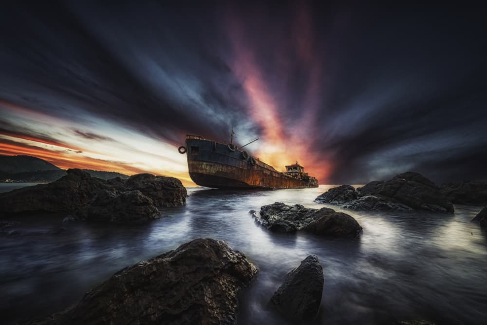 Dramatic Shipwreck Sunset Sky by wail.Hamdane — canvas wall art
