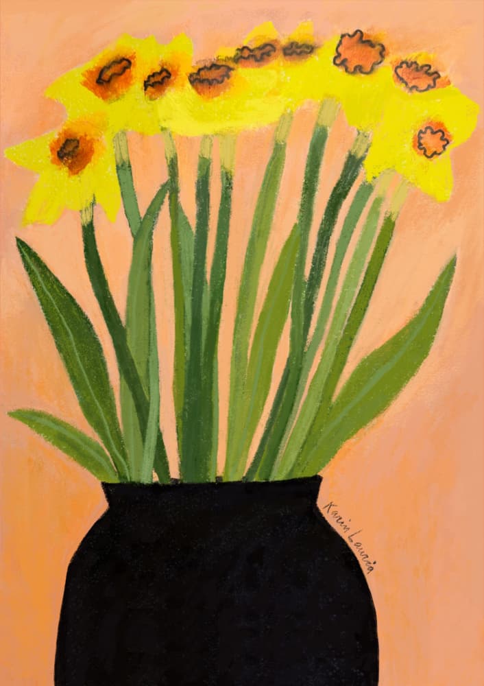 Yellow Daffodils Black Vase by Karin Lauria — canvas wall art