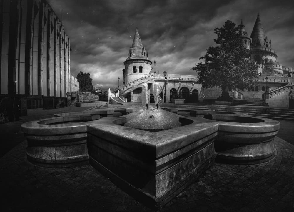 Gothic Castle Fountain by Larry Deng APA — canvas wall art