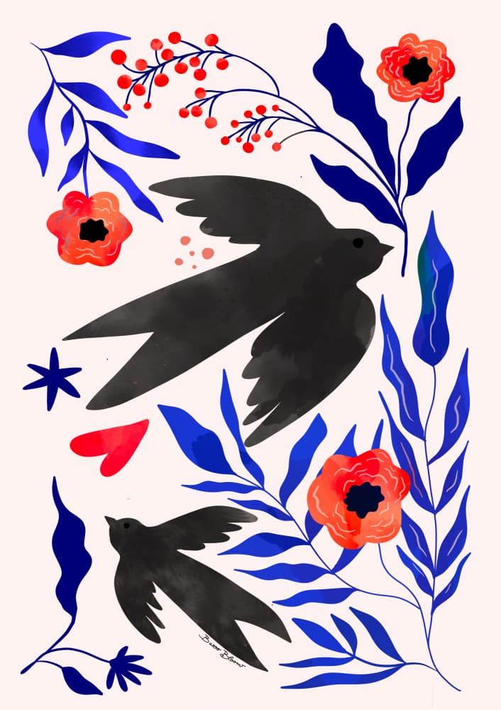 Black Swallows Blue Botanicals by Baroo Bloom — canvas wall art