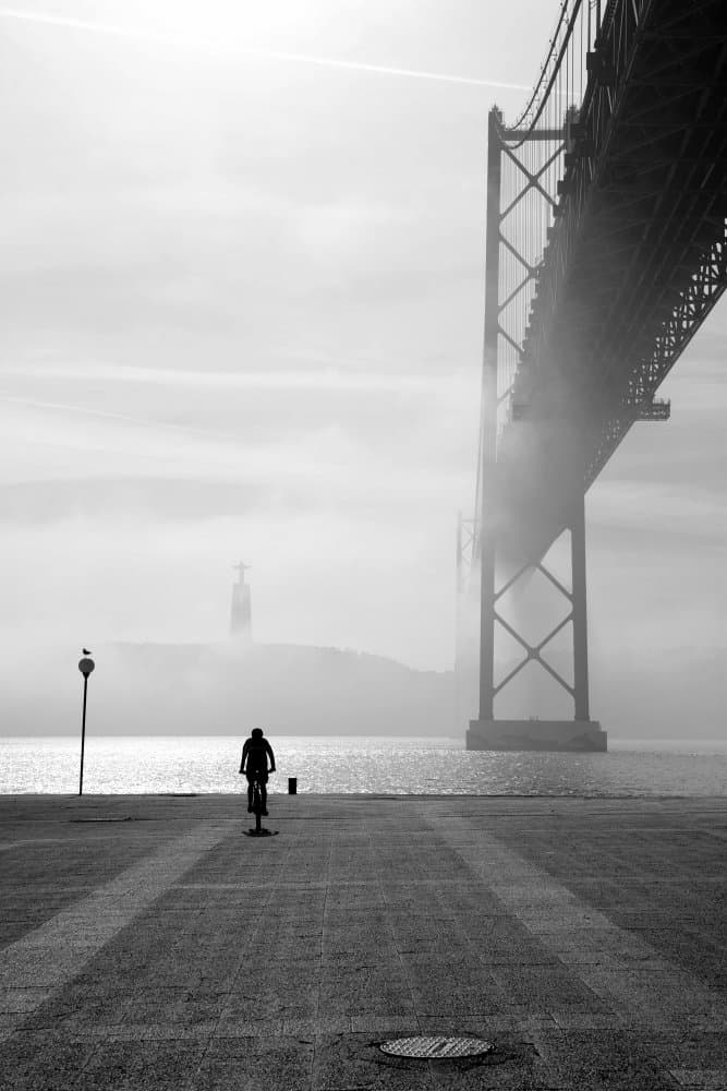 Lone Cyclist Foggy Bridge by Ezequiel59 — canvas wall art