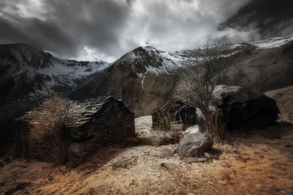 Snowy Mountain Stone Huts by Filippo Manini — canvas wall art