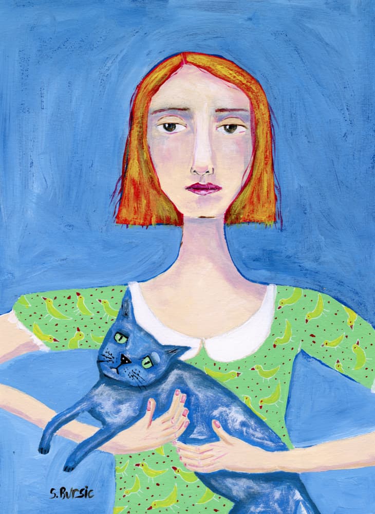 Redhead with Blue Cat by Sharyn Bursic — canvas wall art
