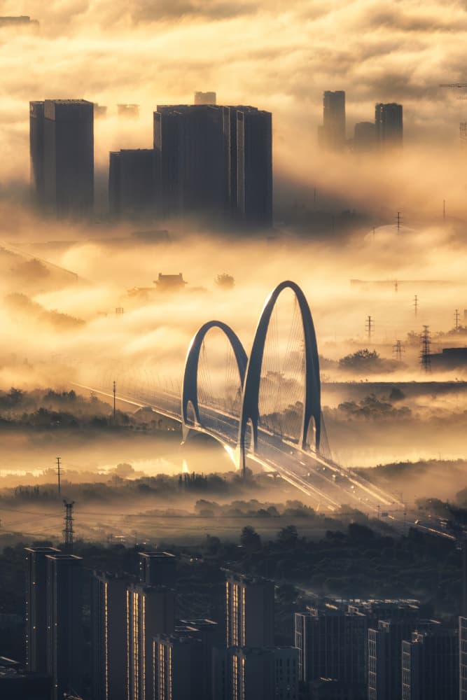 Golden Foggy City Bridge by Yuan Cui — canvas wall art
