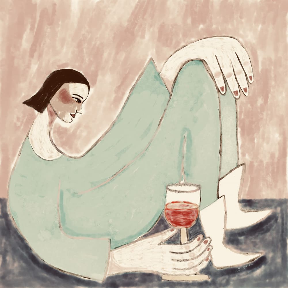 Pensive Woman With Wine by Sharyn Bursic — canvas wall art