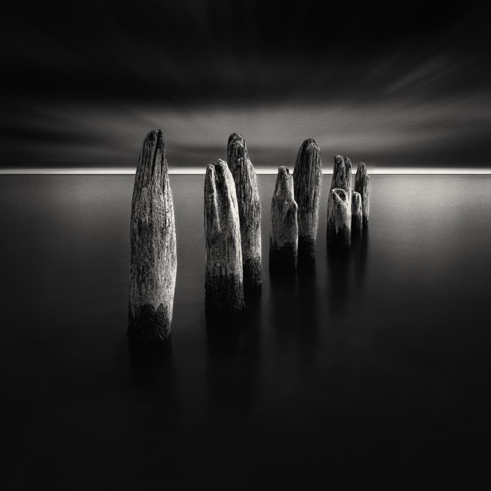 Moody Ocean Pilings by Steven Zhou — canvas wall art