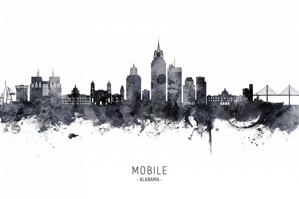 Mobile Alabama Skyline Watercolor by Michael Tompsett — canvas wall art